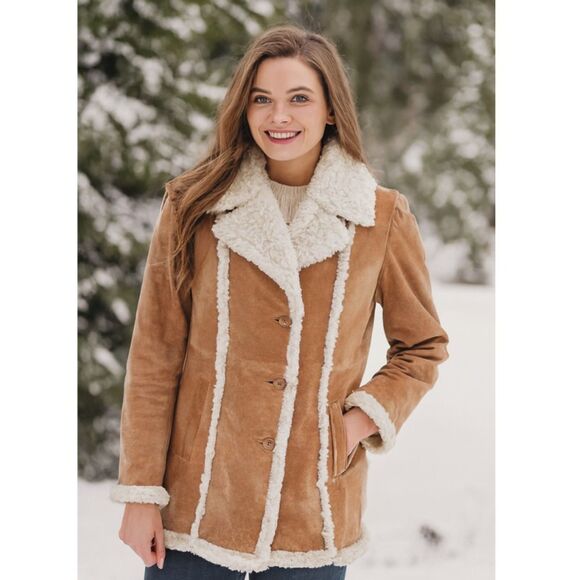 Wilsons Leather Maxima Suede Sherpa Coat Womens Sz M VTG Tan Penny Lane Jacket - Picture 1 of 16